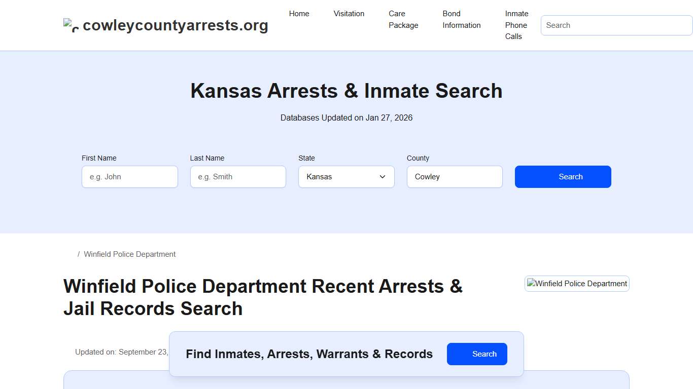 Winfield Police Department, KS Arrests, Records, Jail Roster Lookup
