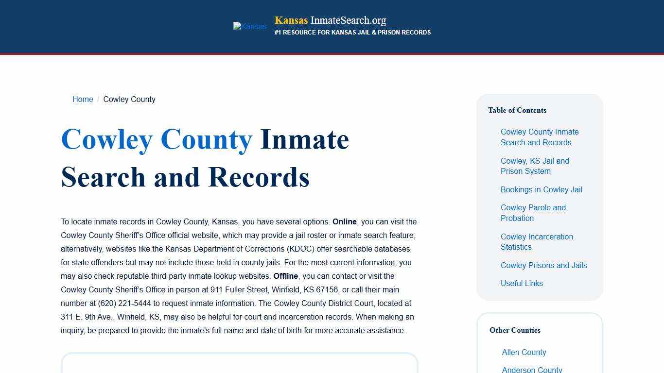 Cowley County, KS Inmate & Jail Records Lookup